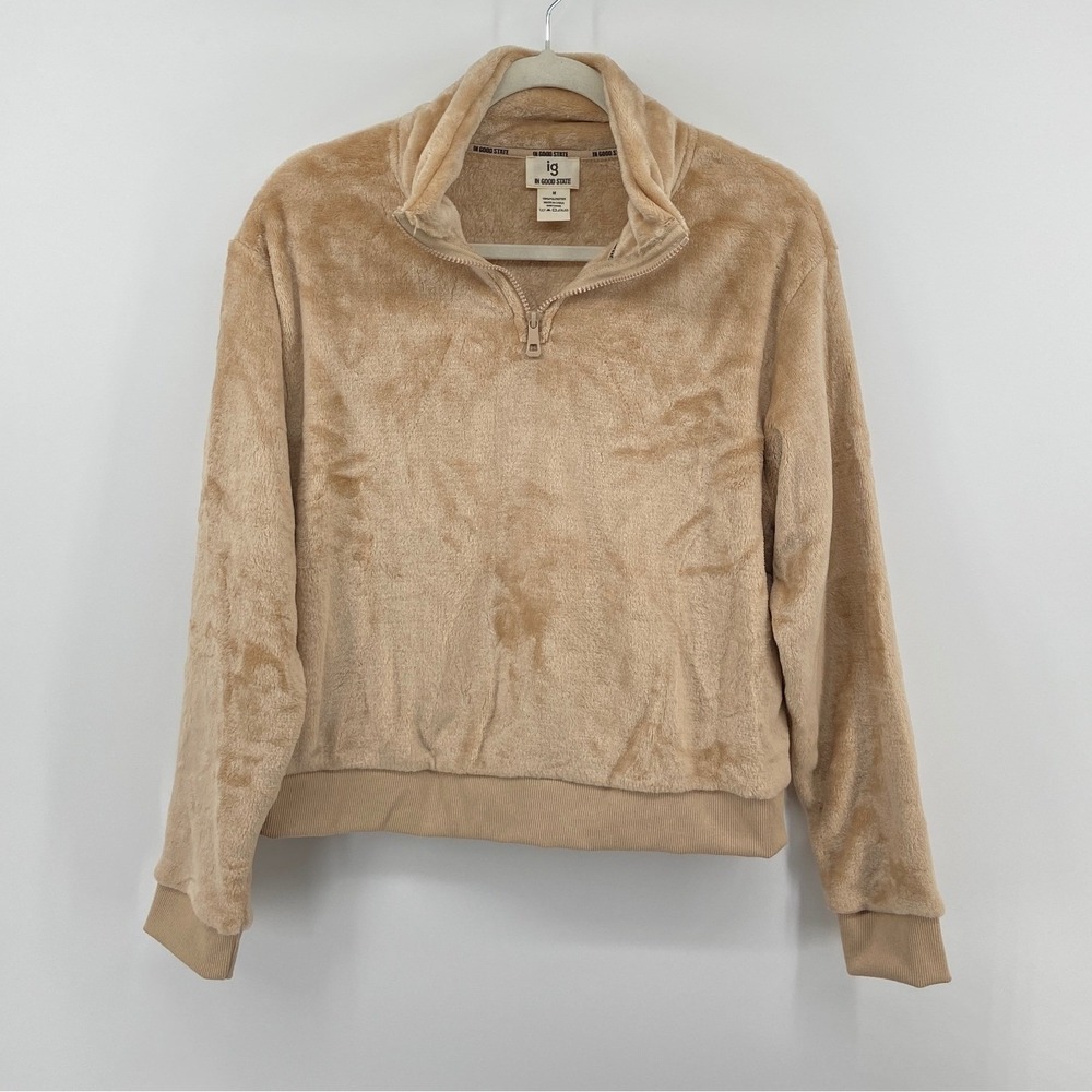 In Good State Women Tan Faux Fur Fleece Quarter Zip Pullover Sweatshirt Medium